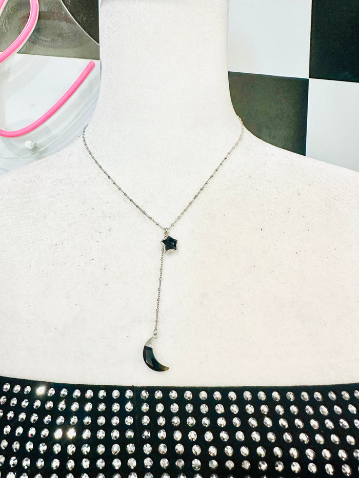 STAR & MOON BLACK ONYX DANGLE NECKLACE