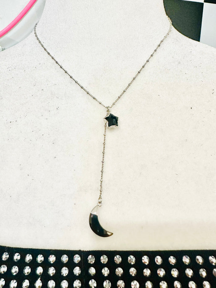 STAR & MOON BLACK ONYX DANGLE NECKLACE