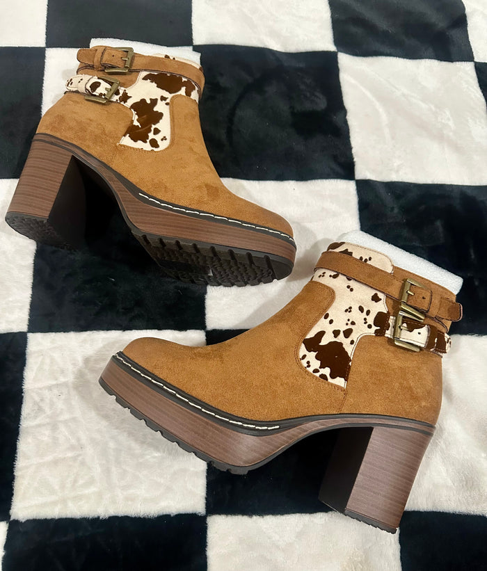 Cow print booties