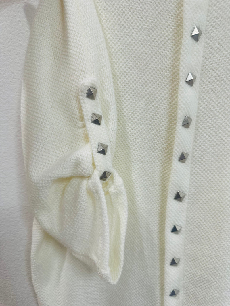 WHITE STUDDED DETAIL WAFFLE KNIT SWEATER