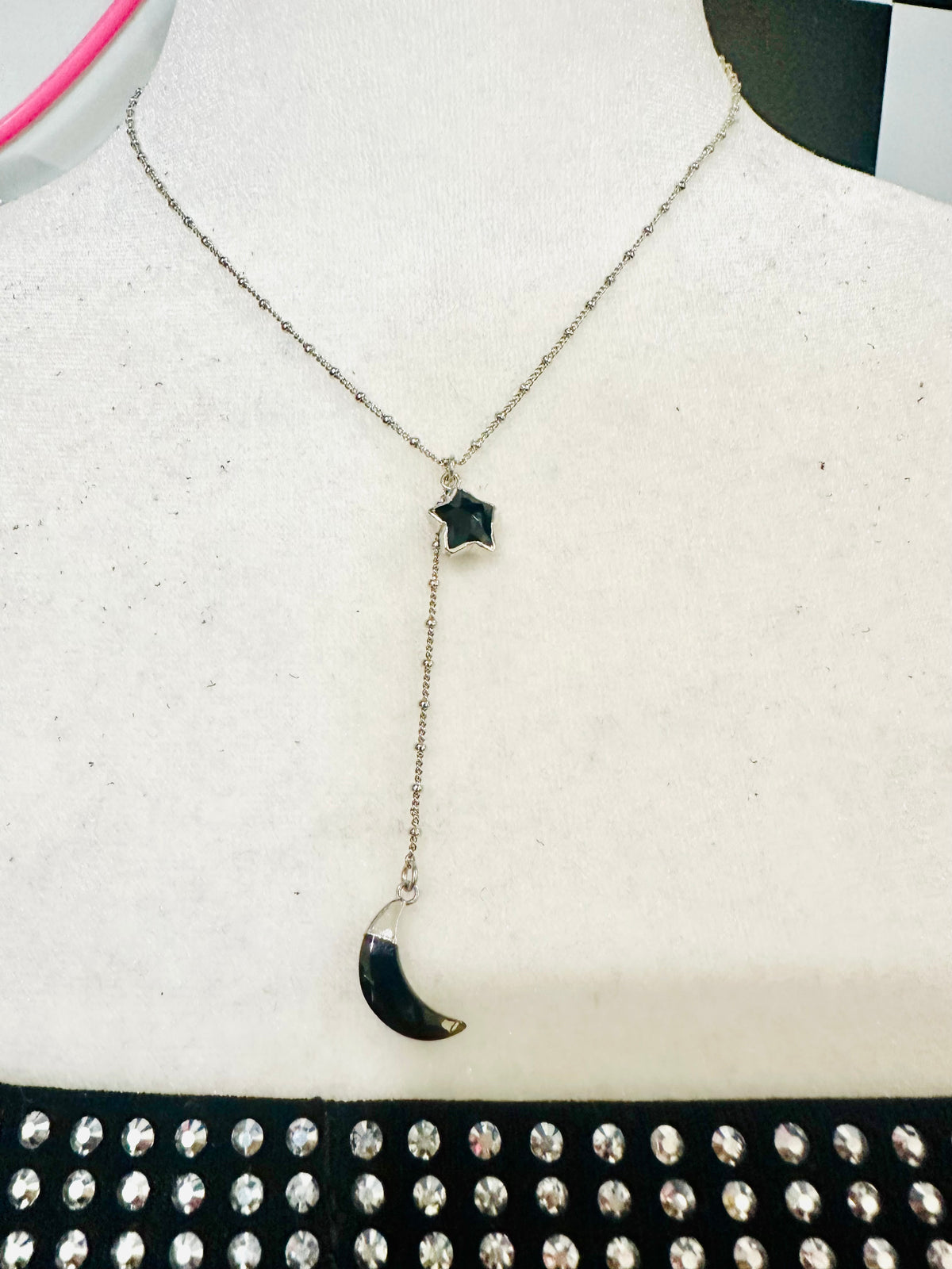 STAR & MOON BLACK ONYX DANGLE NECKLACE