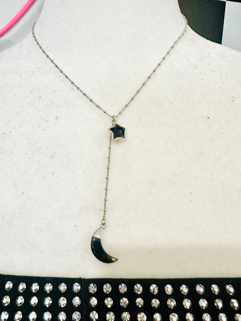 STAR & MOON BLACK ONYX DANGLE NECKLACE