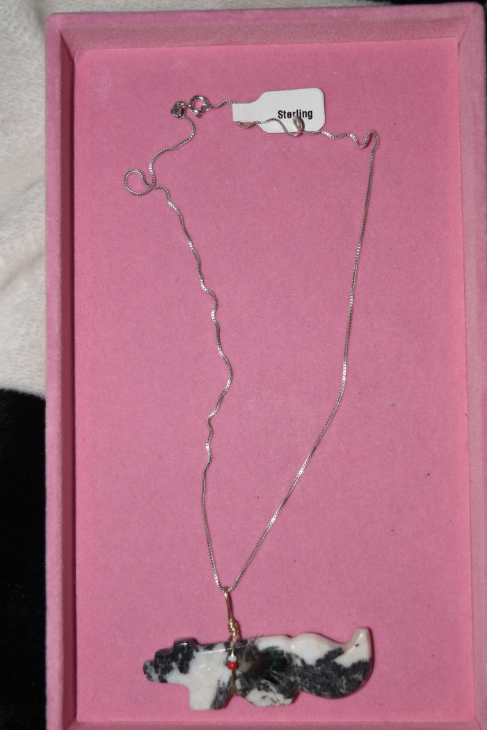 NAVAJO BUFFALO HOWLITE CARVED DOG NECKLACE.