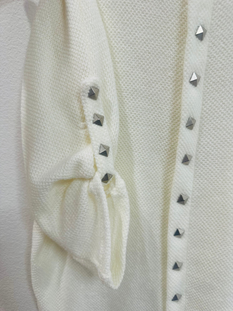 WHITE STUDDED DETAIL WAFFLE KNIT SWEATER