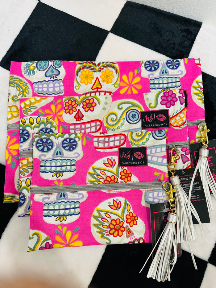 PINK SKULL/NEON GREEN INTERIOR LARGE/MED/SMALL SET MJ BAGS