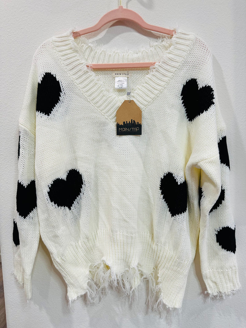 MAIN STRIP HEART FRAYED SWEATER