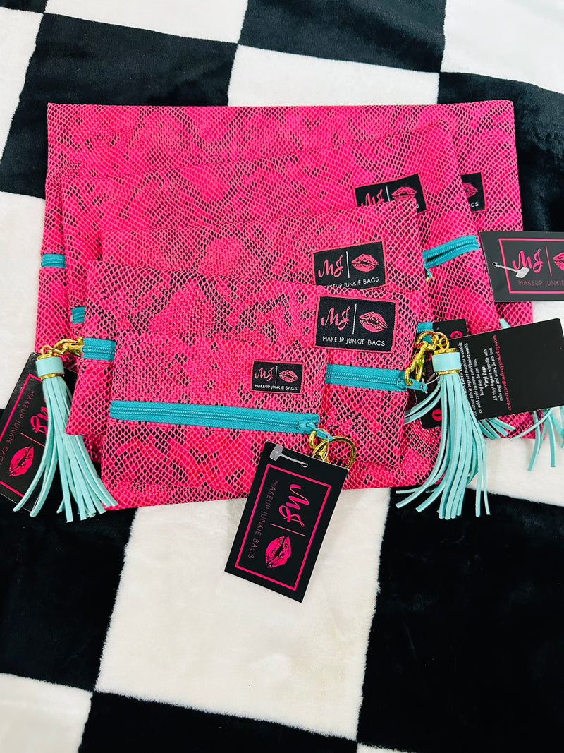 FULL SET OF MJ BAGS!!!!  WITH MICRO!!  PINK SNAKE/TEAL ZIPPER/LEOPARD INTERIOR!!!!
