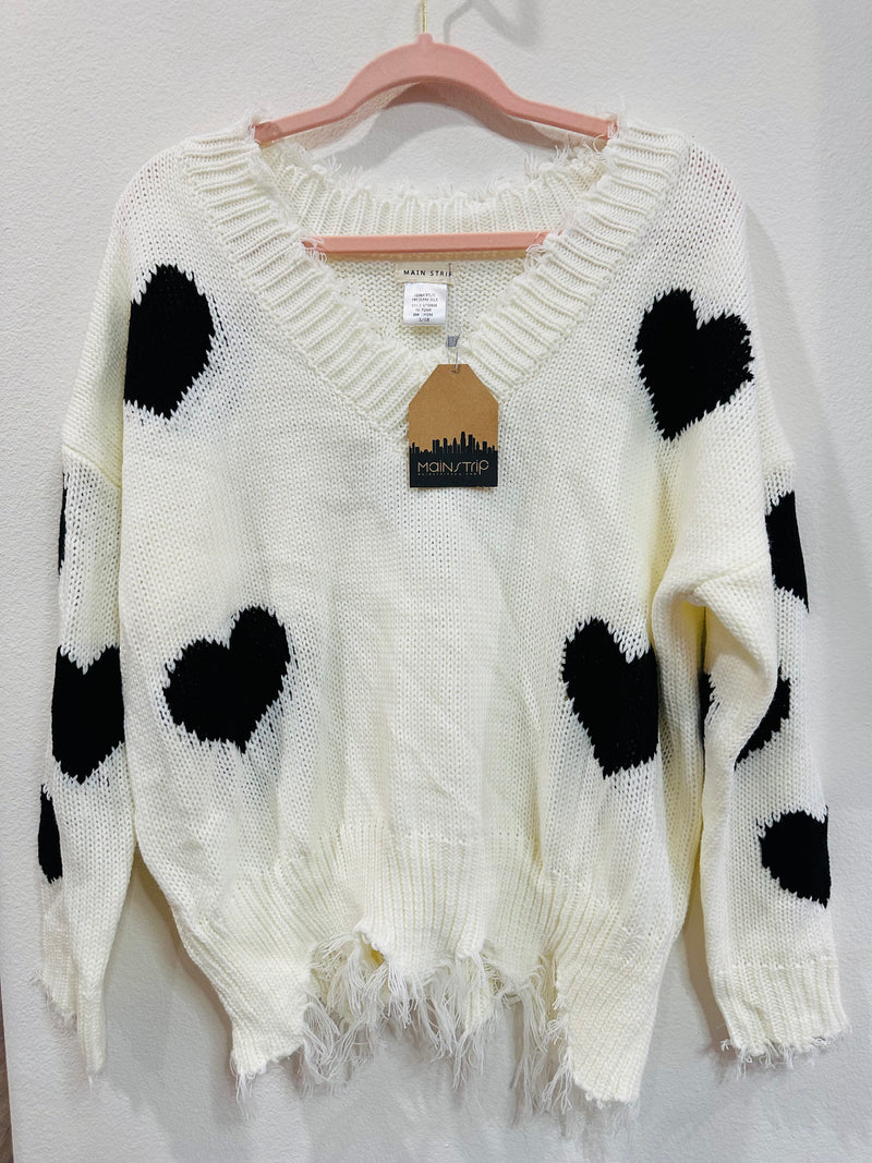MAIN STRIP HEART FRAYED SWEATER