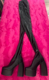 BLACK ALL IN ONE LEATHER PANTS WITH BUILT IN PLATFORMS BOOTS