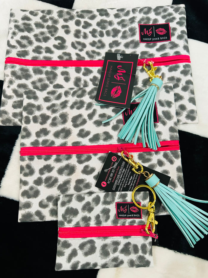 SNOW LEOPARD WITH HOT PINK INTERIOR MJ BAGS SMALL/MICRO/LARGE SET