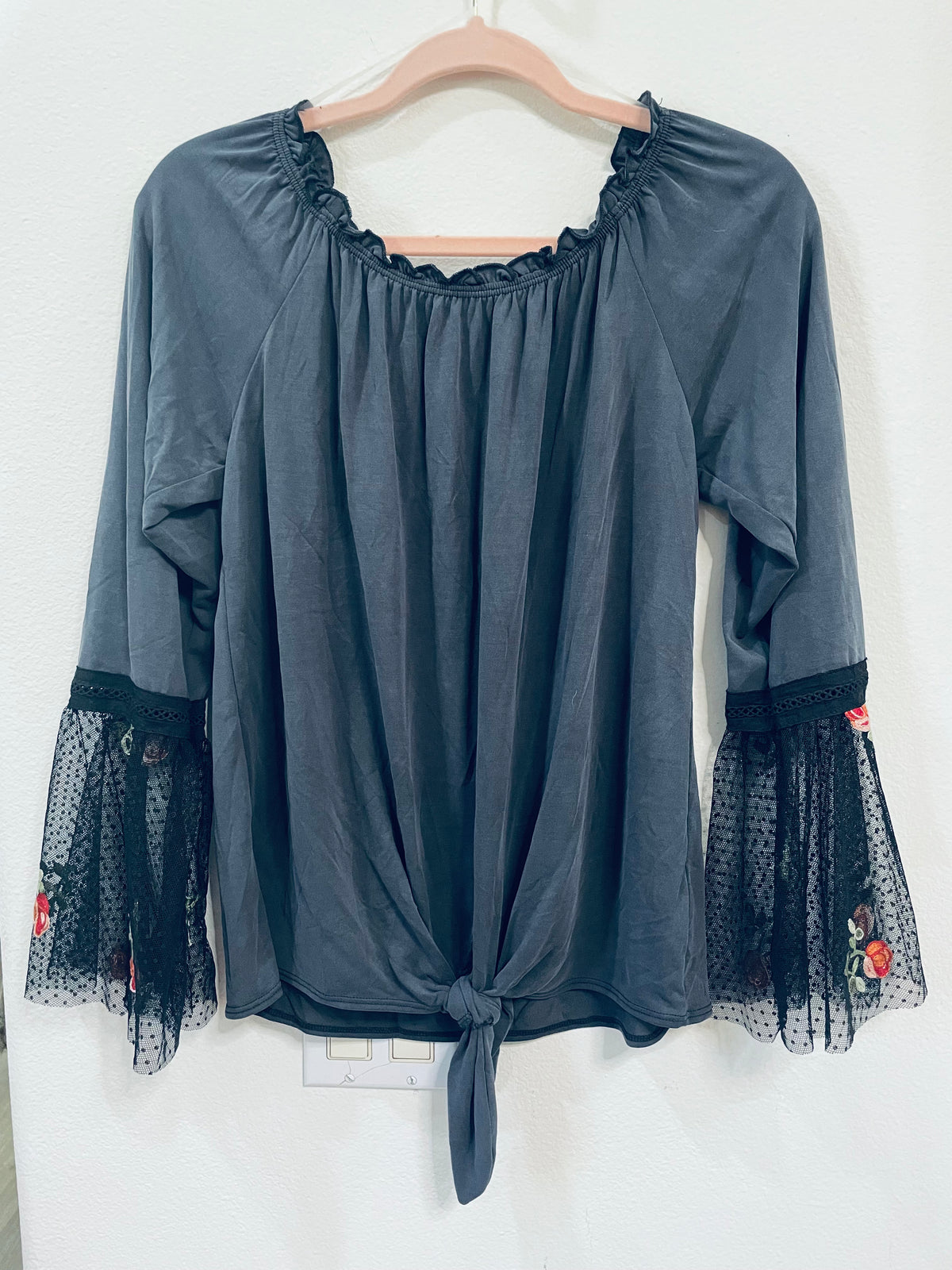 SWEET CLAIRE TOP LACE FLORAL BELL SLEEVES AND A TIE FRONT