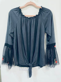 SWEET CLAIRE TOP LACE FLORAL BELL SLEEVES AND A TIE FRONT