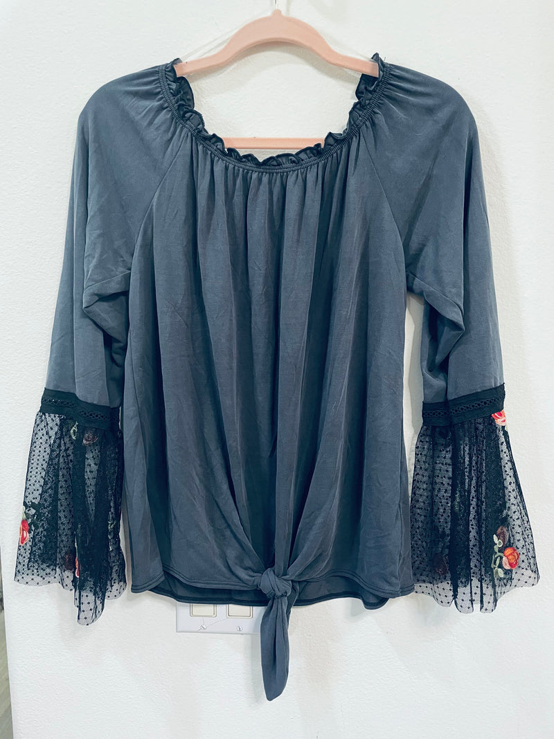 SWEET CLAIRE TOP LACE FLORAL BELL SLEEVES AND A TIE FRONT