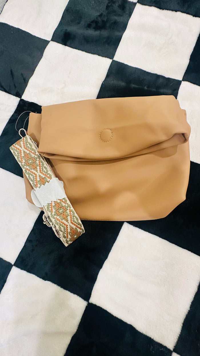 Tan fold over multi opening bag