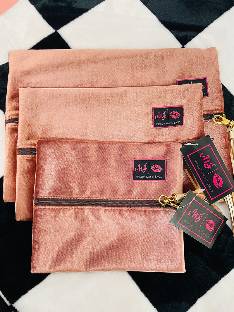ROSE GOLD/PINK INTERIOR VELVET MAKEUP JUNKIE BAGS SET OF 3