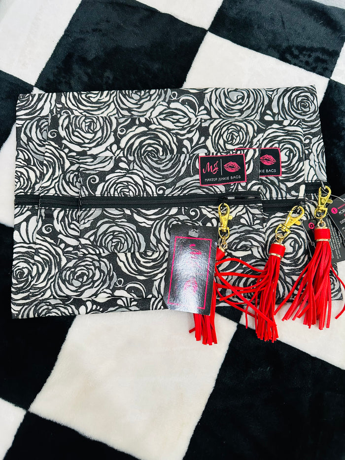 BLACK & WHITE GLITTER ROSES WOTH BLACK AND STRIPE MJ BAGS MINI/MED/LARGE SET.