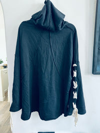 POL SWEATERSHIRT/OVERLAY WITH LACE TIE UP ARMS AND HOOD