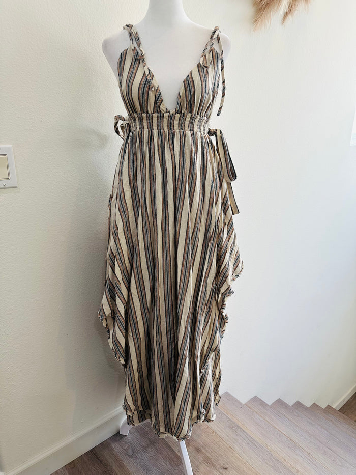 LISTICLE TIE UP ADJUSTABLE STRIPED DRESS
