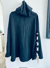 POL SWEATERSHIRT/OVERLAY WITH LACE TIE UP ARMS AND HOOD