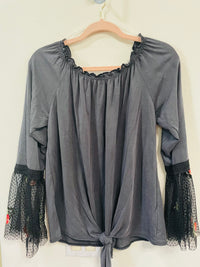 SWEET CLAIRE TOP LACE FLORAL BELL SLEEVES AND A TIE FRONT