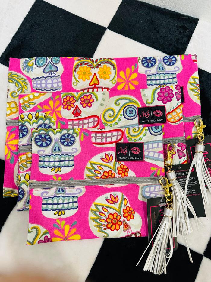 PINK SKULL/NEON GREEN INTERIOR LARGE/MED/SMALL SET MJ BAGS