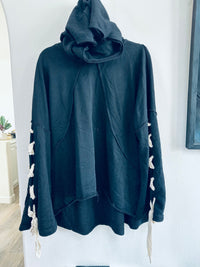 POL SWEATERSHIRT/OVERLAY WITH LACE TIE UP ARMS AND HOOD