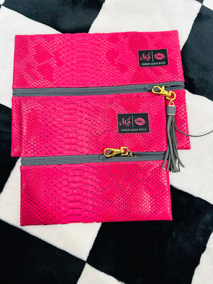 HOT PINK SNAKE WITH GREY ZIPPER AND PINK LEOPARD INTERIOR MJ BAG SMALL/MEDIUM