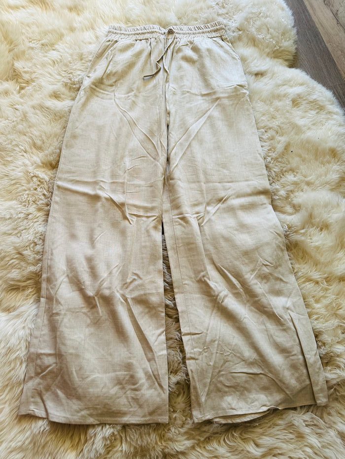 BLUE B LINEN WIDE LEG TIE FRONT PANTS