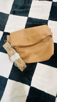 Tan fold over multi opening bag