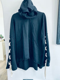 POL SWEATERSHIRT/OVERLAY WITH LACE TIE UP ARMS AND HOOD