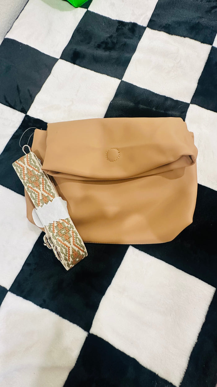 Tan fold over multi opening bag