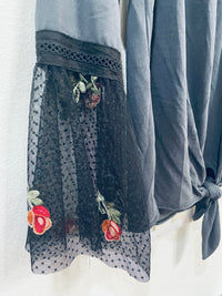 SWEET CLAIRE TOP LACE FLORAL BELL SLEEVES AND A TIE FRONT