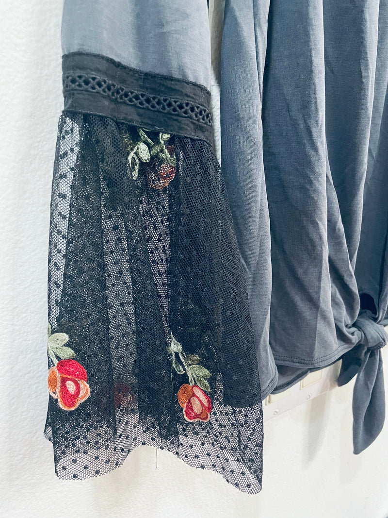 SWEET CLAIRE TOP LACE FLORAL BELL SLEEVES AND A TIE FRONT