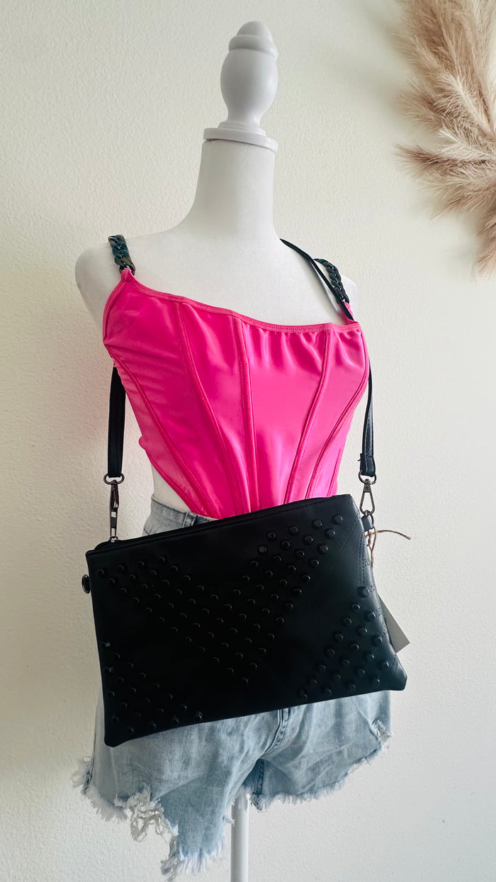 STUDDED GROMMET CROSSBODY BAG