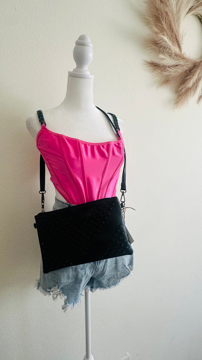 STUDDED GROMMET CROSSBODY BAG