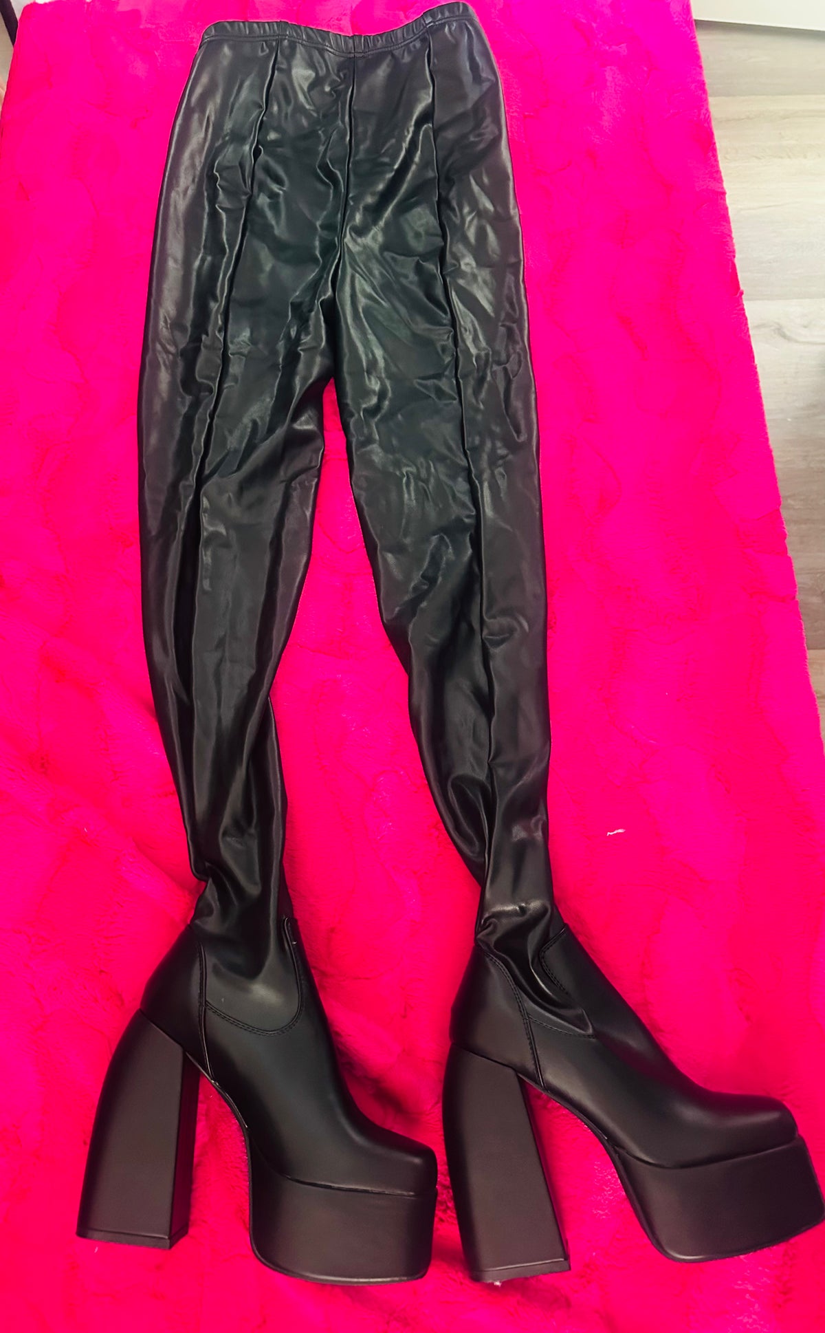 BLACK ALL IN ONE LEATHER PANTS WITH BUILT IN PLATFORMS BOOTS