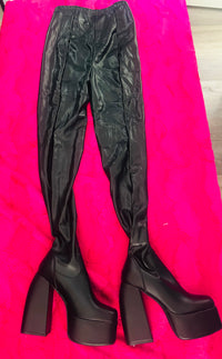 BLACK ALL IN ONE LEATHER PANTS WITH BUILT IN PLATFORMS BOOTS
