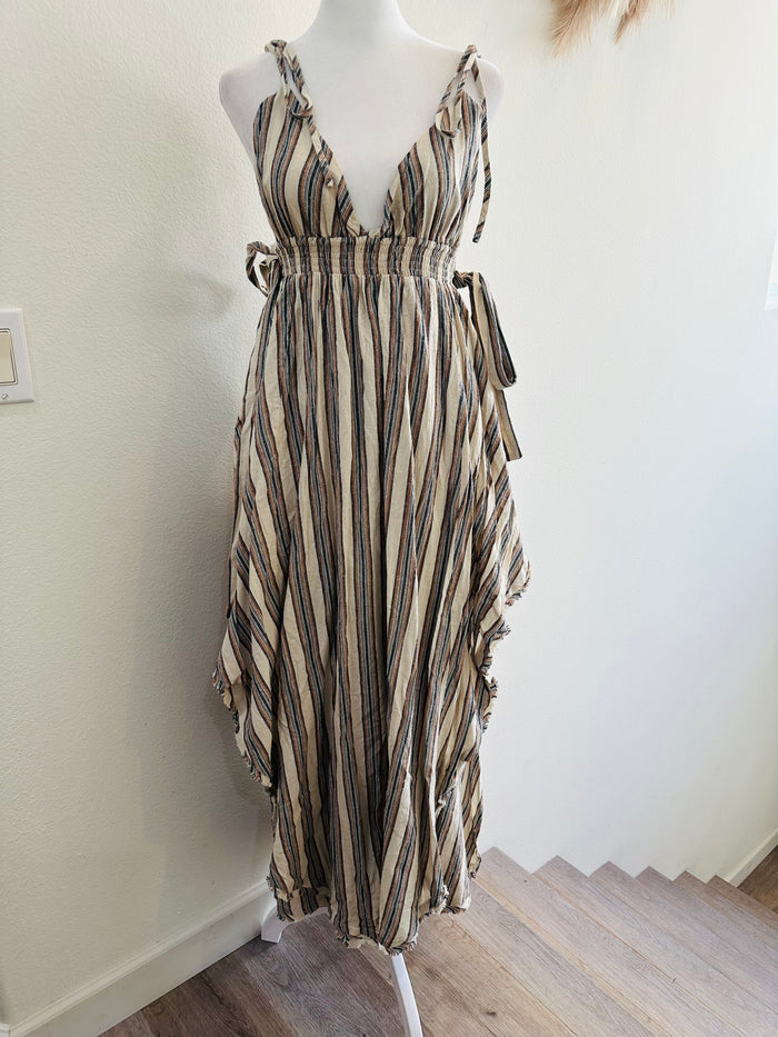 LISTICLE TIE UP ADJUSTABLE STRIPED DRESS