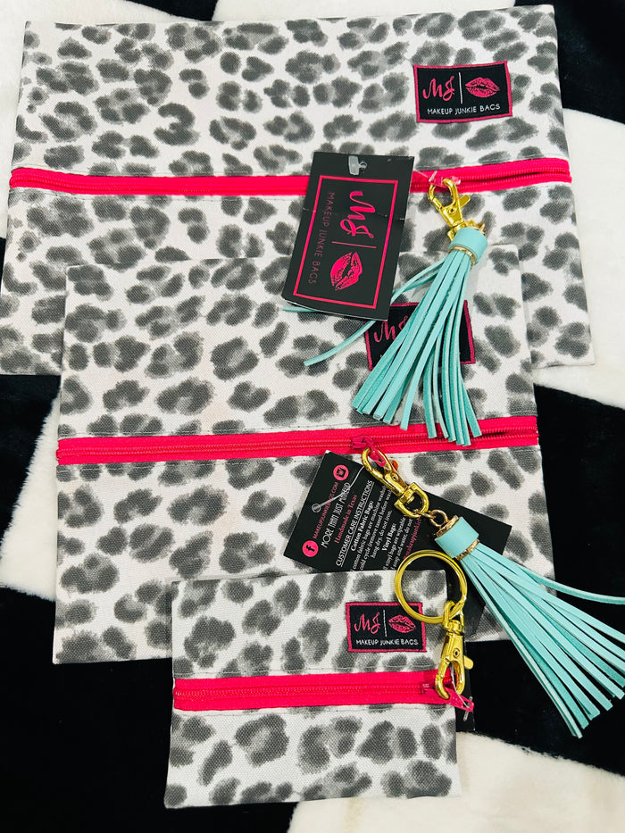 SNOW LEOPARD WITH HOT PINK INTERIOR MJ BAGS SMALL/MICRO/LARGE SET