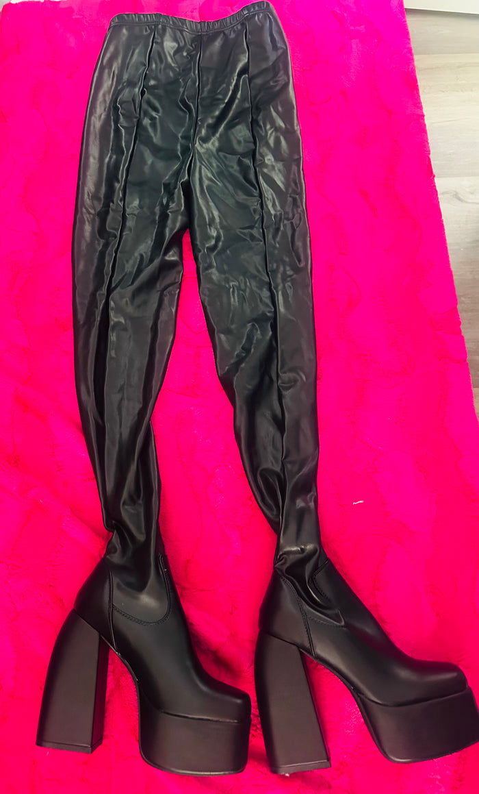 BLACK ALL IN ONE LEATHER PANTS WITH BUILT IN PLATFORMS BOOTS