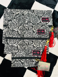 BLACK & WHITE GLITTER ROSES WOTH BLACK AND STRIPE MJ BAGS MINI/MED/LARGE SET.