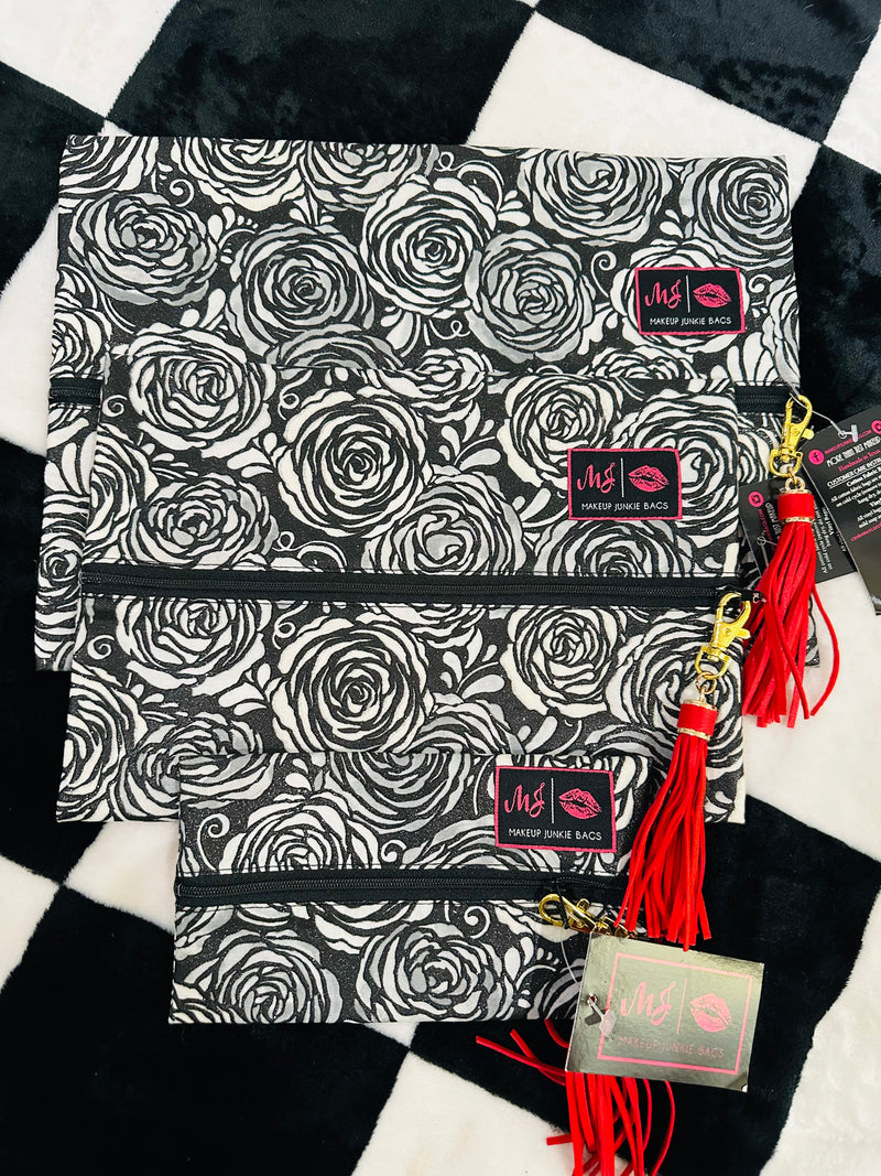 BLACK & WHITE GLITTER ROSES WOTH BLACK AND STRIPE MJ BAGS MINI/MED/LARGE SET.