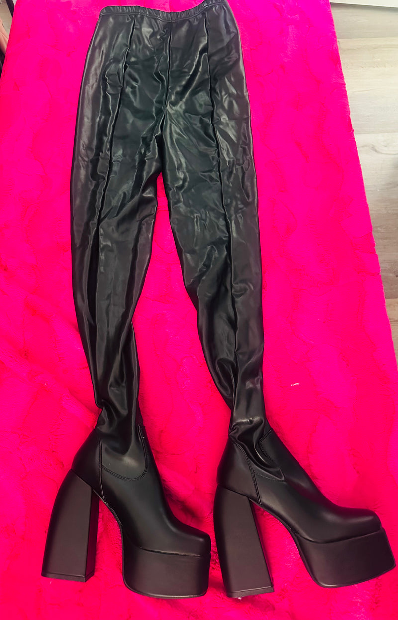 BLACK ALL IN ONE LEATHER PANTS WITH BUILT IN PLATFORMS BOOTS