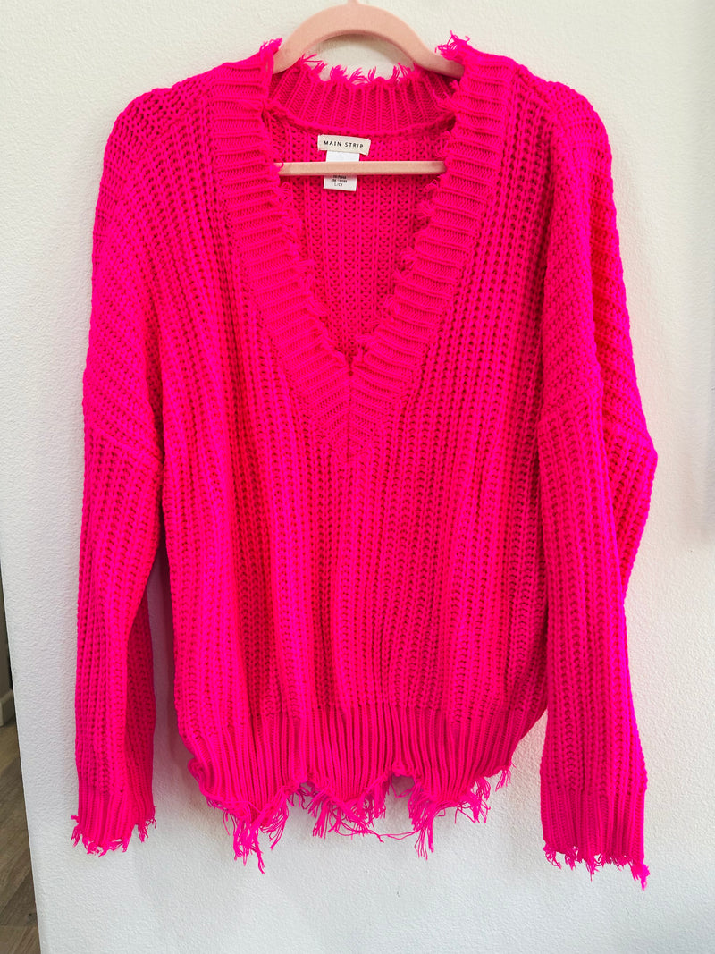 MAIN STRIP V-NECK FRAYED SWEATER