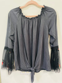 SWEET CLAIRE TOP LACE FLORAL BELL SLEEVES AND A TIE FRONT