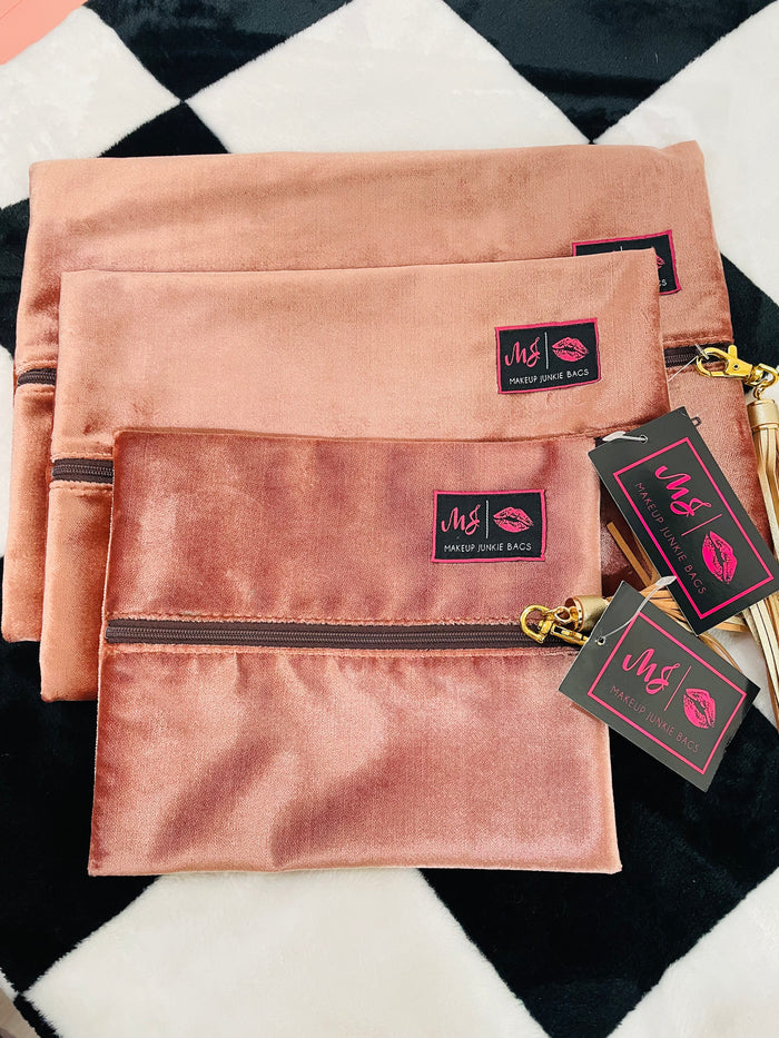 ROSE GOLD/PINK INTERIOR VELVET MAKEUP JUNKIE BAGS SET OF 3