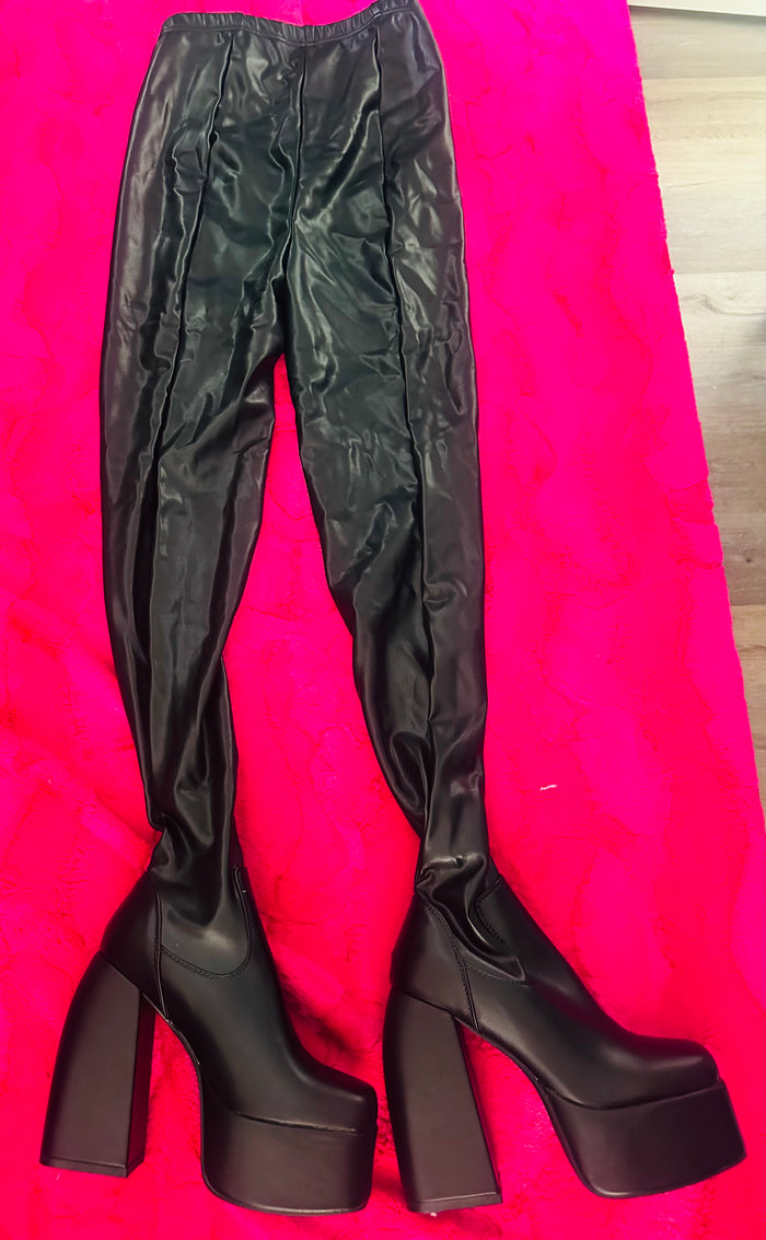 BLACK ALL IN ONE LEATHER PANTS WITH BUILT IN PLATFORMS BOOTS