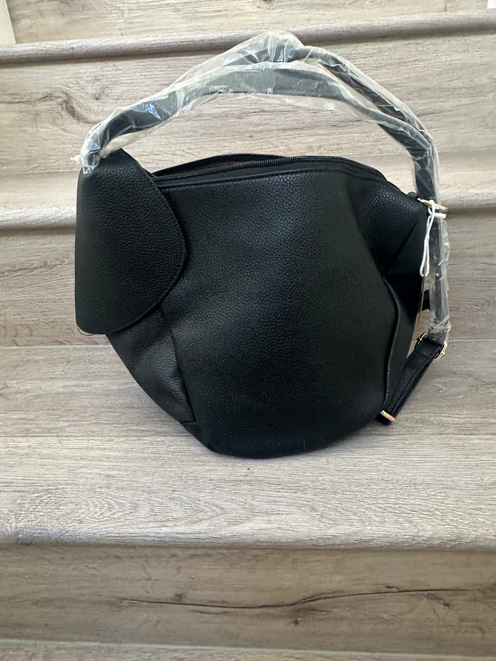 Black asymmetrical coverable handbag to backpack