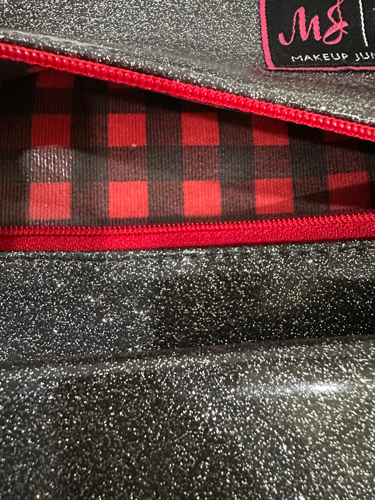 GRAY SPARKLE/RED BUFFALO PRINT INTERIOR MJ BAG SMALL AND MINI