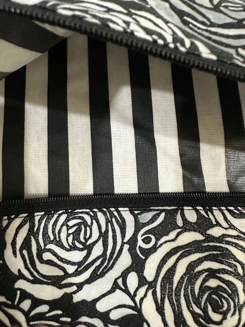 BLACK & WHITE GLITTER ROSES WOTH BLACK AND STRIPE MJ BAGS MINI/MED/LARGE SET.